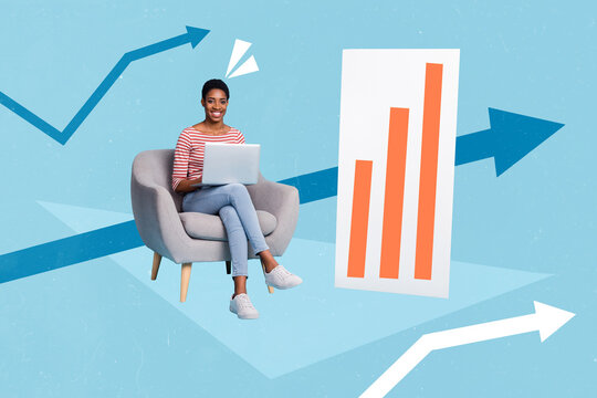Composite collage picture of positive person sitting chair use netbook big painted arrow upwards isolated on drawing background