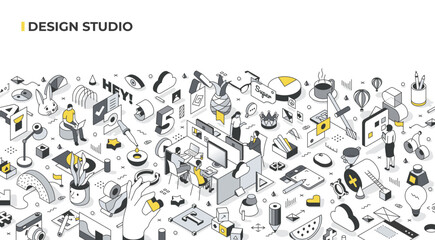 Design studio or agency concept. Creative team of designers at work. Creative office environment, project visualizations, website and graphic design. Isometric illustration