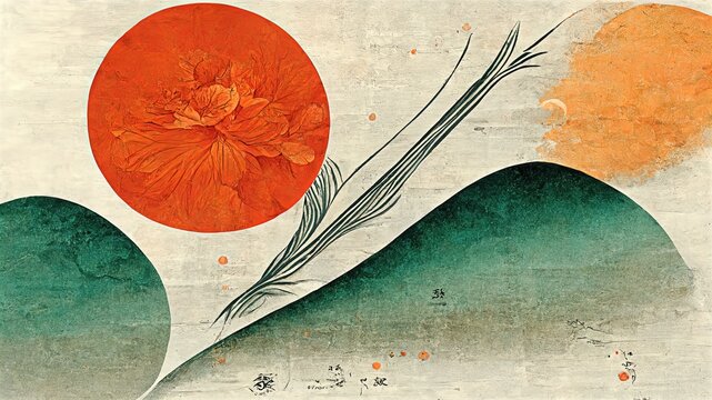 Wall Mural -  - Red circles and green mountains, stylish Japanese textures Japanese traditional graphics, fine detailing, fluid liquid-like striking elegant delicate luxurious dramatic design elements