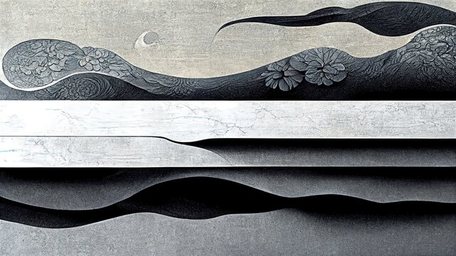 Wall Mural -  - Chic clouds and mountains in gray and black, stylish Japanese textures Japanese traditional graphics, fine detail, fluid liquid-like strikingly elegant, delicate, luxurious and dramatic design element