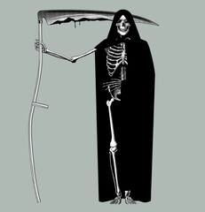 Wall Mural - Scytheman skeleton in black raincoat with a scythe. Vintage engraving stylized drawing. Vector illustration