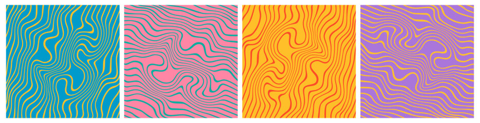 Fototapete - Set of Retro Wavy Seamless Trippy Patterns in Psychedelic Colors. Abstract Vector Swirl Backgrounds. 1970 Groovy Aesthetic Textures with Flowing Waves