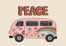 Abstract Vector Illustration Of Cute Hippie Van And Peace Lettering. Camping Bus With Flowers In Vintage Groovy Style. Cartoon Funny Car Drawing. Hand Drawn Symbol Of Tourism And Adventure