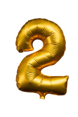 Golden air, balloon in the shape of number 2 isolated on transparent background