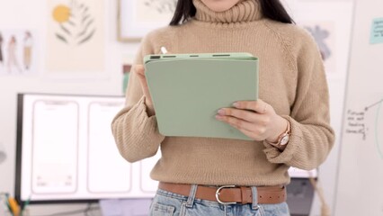 Poster - Woman, tablet or planning for ux web design, creative website code or software app seo. Developer, programmer or digital engineer with technology stylus for designer coding strategy or ui programming