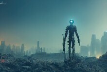 A Humanoid Robot Stands On The Ruins Of A City, The Rise Of Machines Illustration