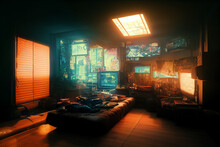 Concept Art Illustration Of Apartment Living Room Interior In Cyberpunk Style