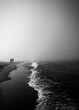 spacerujące osoby nad brzegiem morza w letni mglisty poranek 