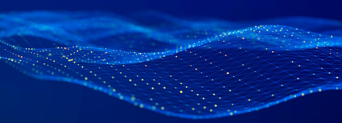 Poster - Futuristic wave on blue background. Colored pattern of connection dots and lines. Technology or Science Banner. 3D