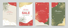 Merry Christmas And Happy New Year Set Of Backgrounds. Winter Holidays Design Templates. Vector Illustration For Seasonal Sale Banner, Greeting Card, Poster, Cover, Web, Social Media Post, Print