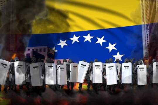 Venezuela protest fighting concept, police swat on city street are protecting order against demonstration - military 3D Illustration on flag background