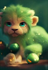 Tiny cute adorable green baby lion with big eyes , cartoon style