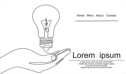 Continuous one line drawing. Hands palms together with light bulb. Black and white background vector illustration.