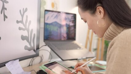Aufkleber - Woman, tablet and designer in studio for drawing, sketch or design on mobile, tech or stylus. Technology, digital or creative in fashion, clothes or illustration on app, web or internet at work on ui
