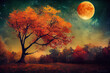 Beautiful autumn fantasy - maple tree in fall season and full moon with milky way star in night skies background. Retro style artwork with vintage color tone. illustration