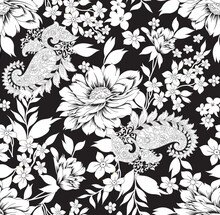  Black And White Flower Pattern  On Black Background 