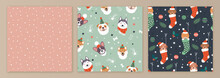 Christmas And Dogs Patterns Collection. Vector Illustration Of Three Flat Seamless Patterns With Cute Cartoon Puppies In Christmas Hats And Socks, And A Snowing Abstract Pattern
