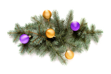 Poster - christmas decoration with fir branches and toy balls, isolated on white background