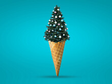 Christmas Tree In Ice Cream Shape Idea With Cone, Merry Christmas, Happy Christmas Concept