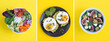 Collage of vegetarian food on the yellow  background. Top view. Close-up.