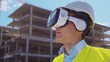 © Acronym - Professional builder in VR helmet standing in front of construction site and using virtual and augmented reality technologies. Office building and crane background. Real estate and investment.