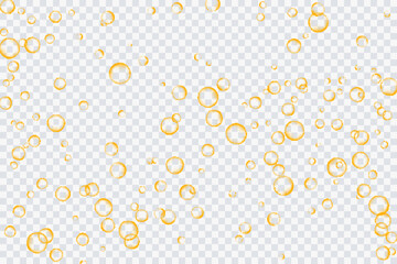 Wall Mural - Golden air bubbles, oxygen, champagne crystal clear, isolated on a transparent background of modern design. Vector illustration of eps 10.