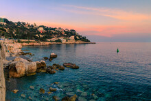 Mediterranean Sea And Mont Boron Hill At Sunset In Nice, South Of France