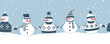 snowmen rejoice in winter holidays. Seamless border. Christmas background.  different snowmen in blue winter clothes holding hands. Vector illustration