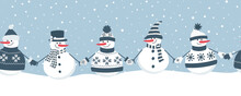 Snowmen Rejoice In Winter Holidays. Seamless Border. Christmas Background.  Different Snowmen In Blue Winter Clothes Holding Hands. Vector Illustration