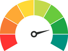 Vector Speedometer Meter With Arrow For Dashboard With Green, Yellow, Orange And Red Indicators. Gauge Of Tachometer. Low, Medium, High And Risk Levels. Bitcoin Fear And Greed Index Cryptocurrency