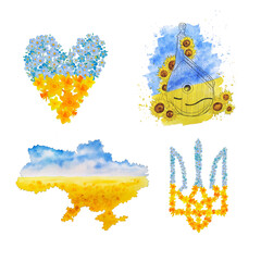 watercolor blue and yellow flowers ukrainian flag illustration