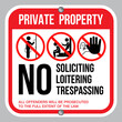 Private Property Sign: No Soliciting, Loitering, Trespassing. All Offenders Will Be Prosecuted. Eps10 vector illustration