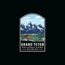 Grand Teton National Park Vector Template. Wyoming America Landmark Illustration In Patch Style.