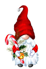 Cute christmas hand drawn gnome with candy cane