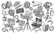 Cinema Set. Movie, Film, Video, Television Concept. Hand Drawn TV Illustrations In Vintage Sketch Style