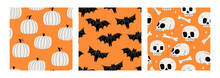 Set Of Seamless Patterns With Halloween Pumpkins, Bats And Skulls. Autumn Vector Backgrounds