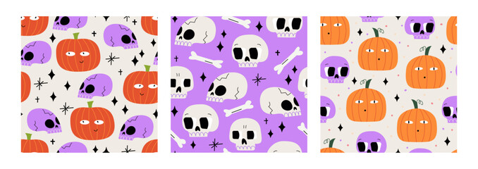  Set of seamless patterns with halloween pumpkins and skulls. Autumn vector backgrounds