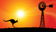 Windmill And Kangaroo Australian Silhouette Sunset