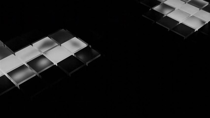 Poster - Surfaces with moving flashing squares on black background. Design. Glowing music buttons move in dark. Flashing square buttons glow and move on surface