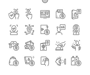 Poster - Biometric authentication. Voice recognition, fingerprint, door lock and other. Biometric passport. Pixel Perfect Vector Thin Line Icons. Simple Minimal Pictogram