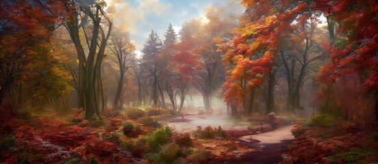  Magical autumn woods with thick fog fall colours generative ai	