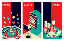 Set Of Casino Banners. Roulette Table And Slot Machine. Chips, Drink And Ace Cards. Vector Illustration.