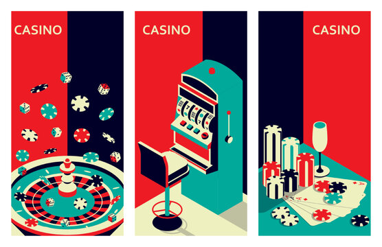 set of casino banners. roulette table and slot machine. chips, drink and ace cards. vector illustrat
