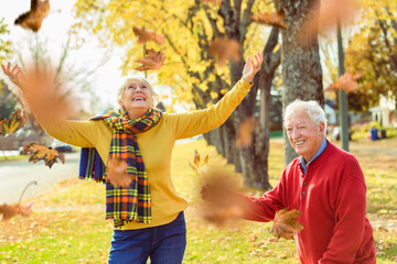 Wall Mural - Beautiful Elderly couple embracing in autumn park