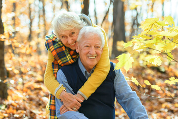 Wall Mural - Beautiful Elderly couple embracing in autumn park