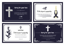 Funeral Card Layout. Condolence Banner With Deepest Sympathy And Sorry For Your Loss. Frame Borders Decorative Template Vector Set