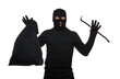 Thief in mask with crowbar and bag on white background