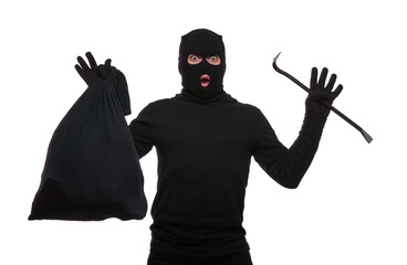 thief in mask with crowbar and bag on white background