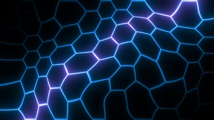 Poster - Liquid pattern of neon hexagons. Motion. Neon lines in moving pattern of hexagons in distorted space. Neon hexagons move like liquid distorted texture