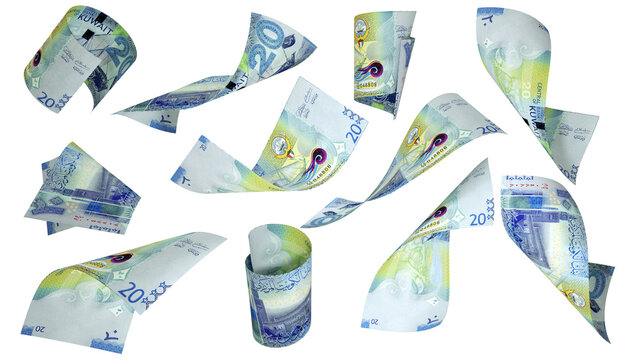 3D rendering of 20 Kuwaiti dinar notes flying in different angles and orientations isolated on white background
